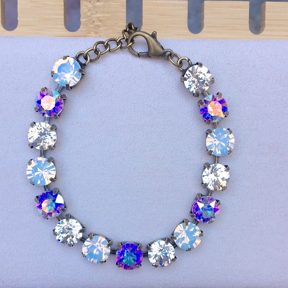 White Opal + Aurora Borealis Antique Brass Crystal Tennis Bracelet